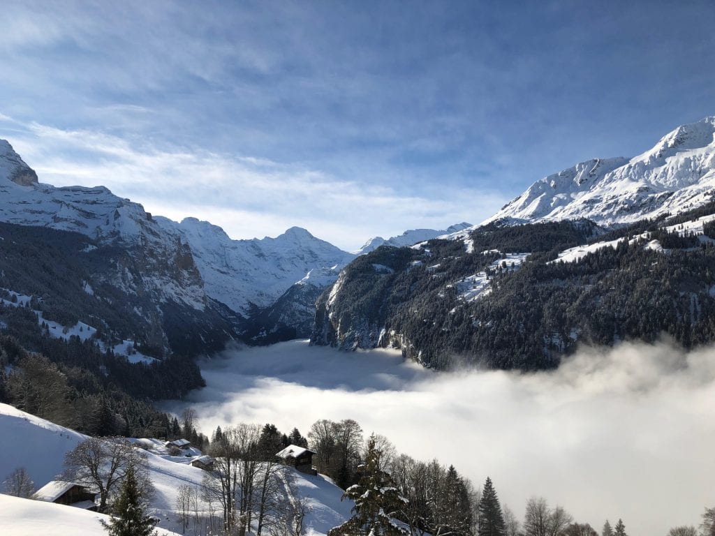 On the train from Interlaken, to Grindelwald, Switzerland to ski the Swiss Alps. 